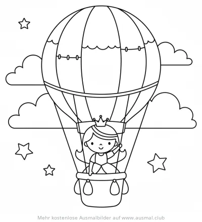 Prinzessin mit Krone im Heißluftballon Ausmalbild