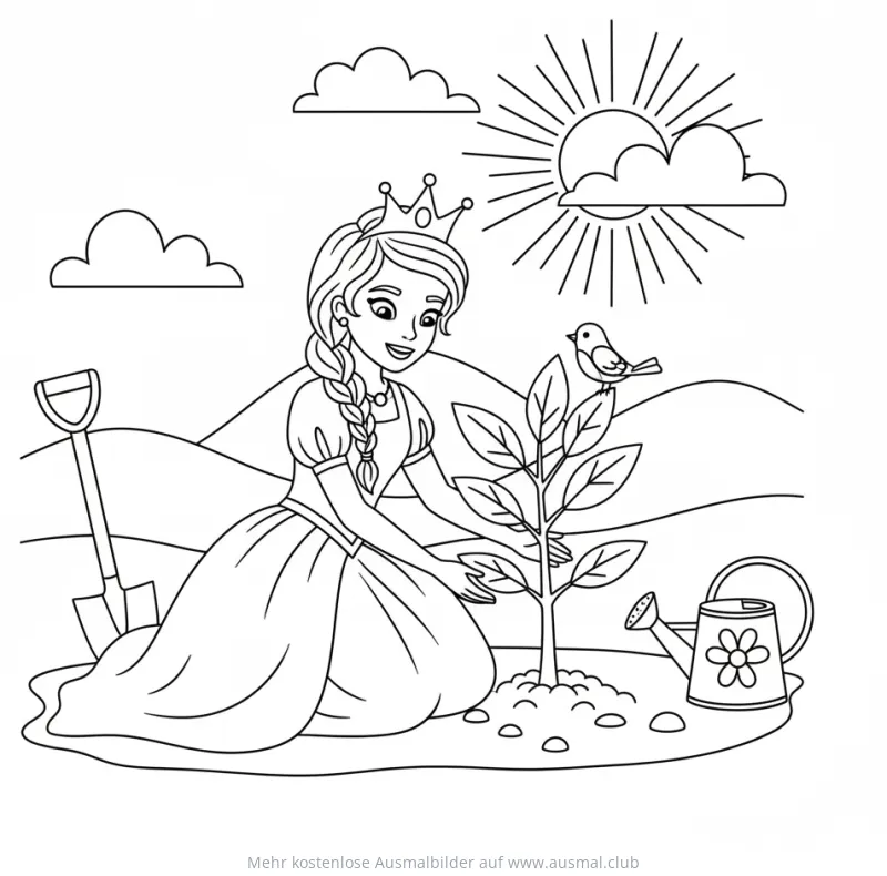 Prinzessin pflanzt einen Baum Ausmalbild