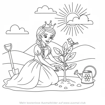 Prinzessin pflanzt einen Baum Ausmalbild
