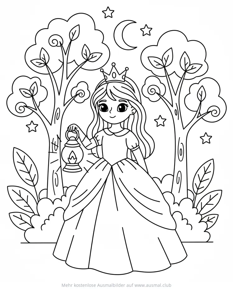 Prinzessin mit Laterne im Wald Ausmalbild