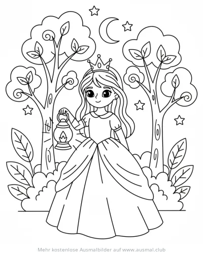 Prinzessin mit Laterne im Wald Ausmalbild