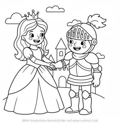 Prinzessin und Ritter geben sich die Hand vor Schloss Ausmalbild