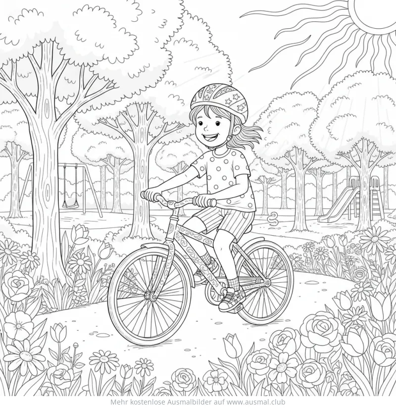 Mädchen fährt Fahrrad im Park Ausmalbild