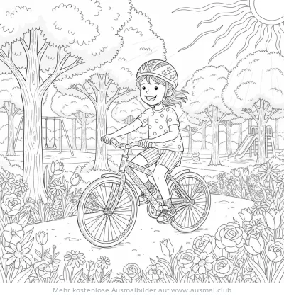 Mädchen fährt Fahrrad im Park Ausmalbild