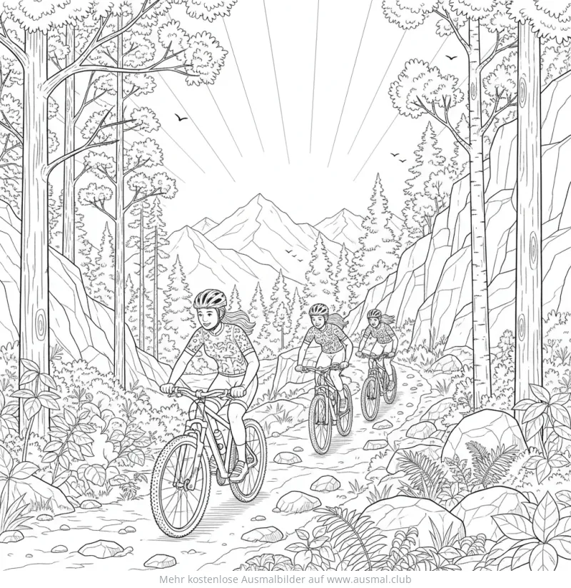 Mountainbike Ausmalbild mit drei Radfahrern im Wald