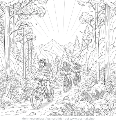 Mountainbike Ausmalbild mit drei Radfahrern im Wald