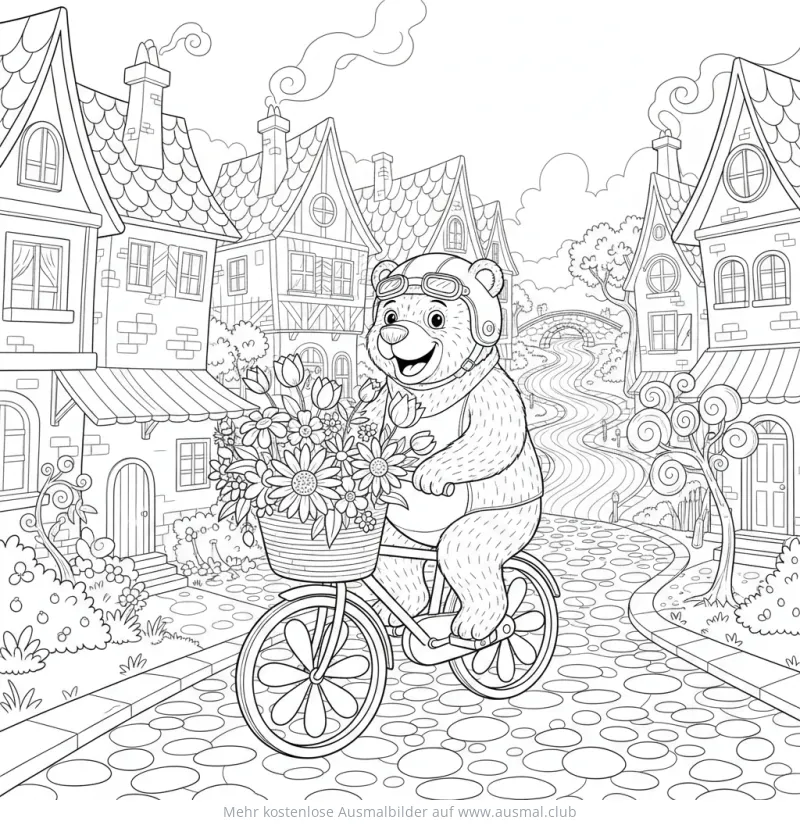 Bär mit Fliegerbrille auf Fahrrad mit Blumen Ausmalbild