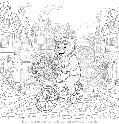 Bär mit Fliegerbrille auf Fahrrad mit Blumen Ausmalbild