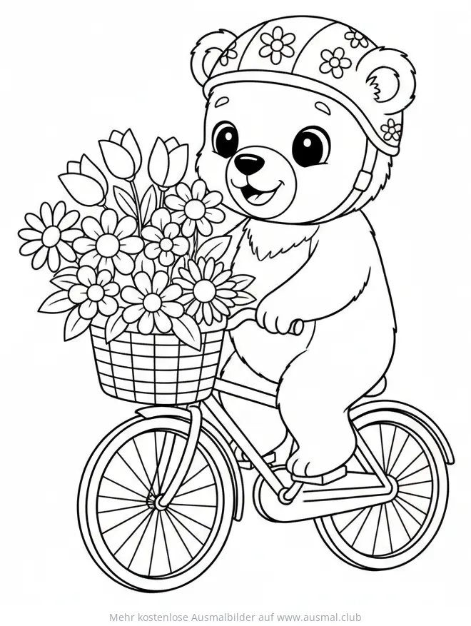 Bär mit Fahrrad und Blumen Ausmalbild
