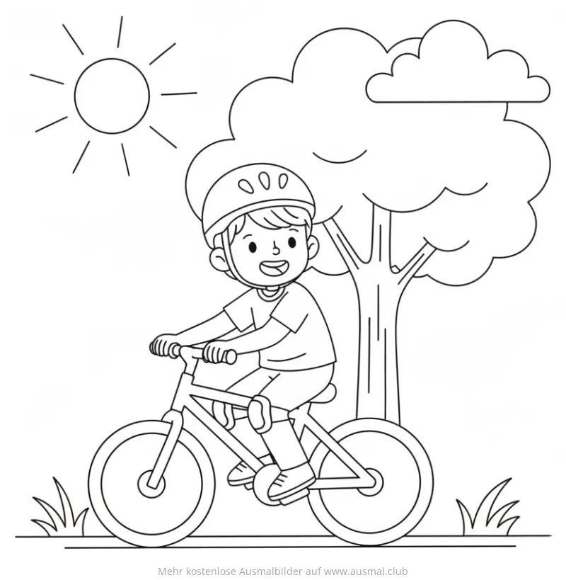 Junge mit Helm fährt Fahrrad, Baum und Sonne Ausmalbild