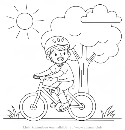 Junge mit Helm fährt Fahrrad, Baum und Sonne Ausmalbild