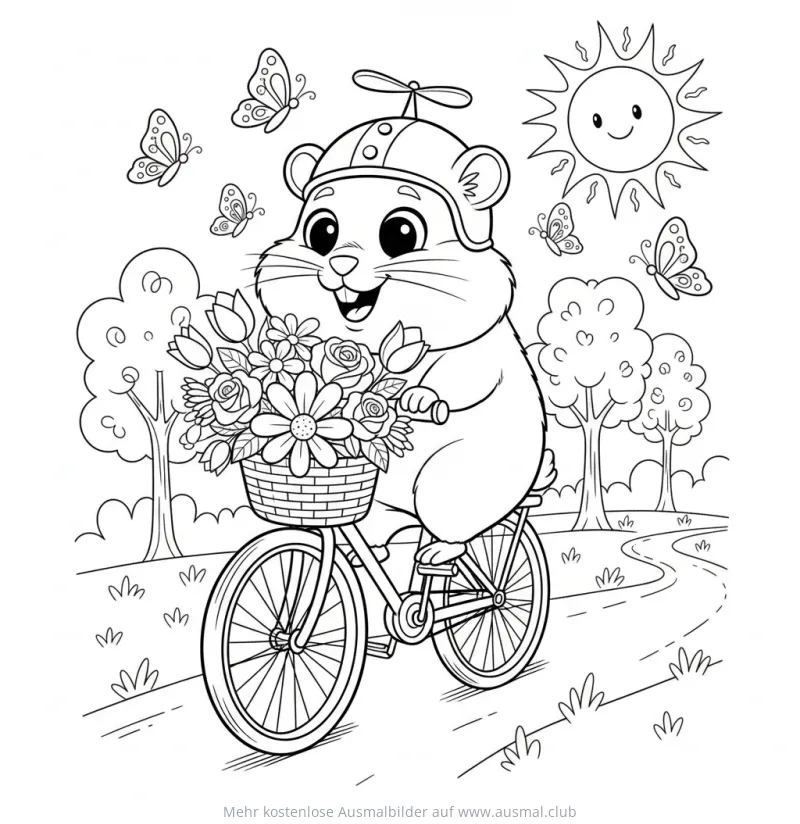 Hamster fährt Fahrrad mit Blumen Ausmalbild