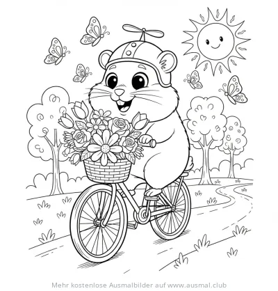 Hamster fährt Fahrrad mit Blumen Ausmalbild
