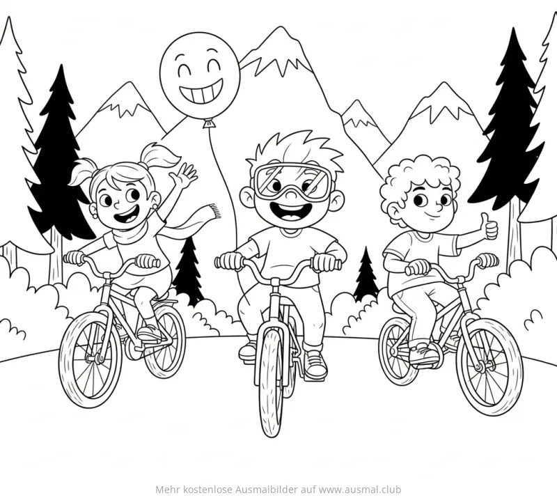 Drei Kinder fahren Rad, Ausmalbild