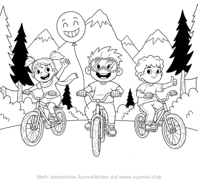 Drei Kinder fahren Rad, Ausmalbild