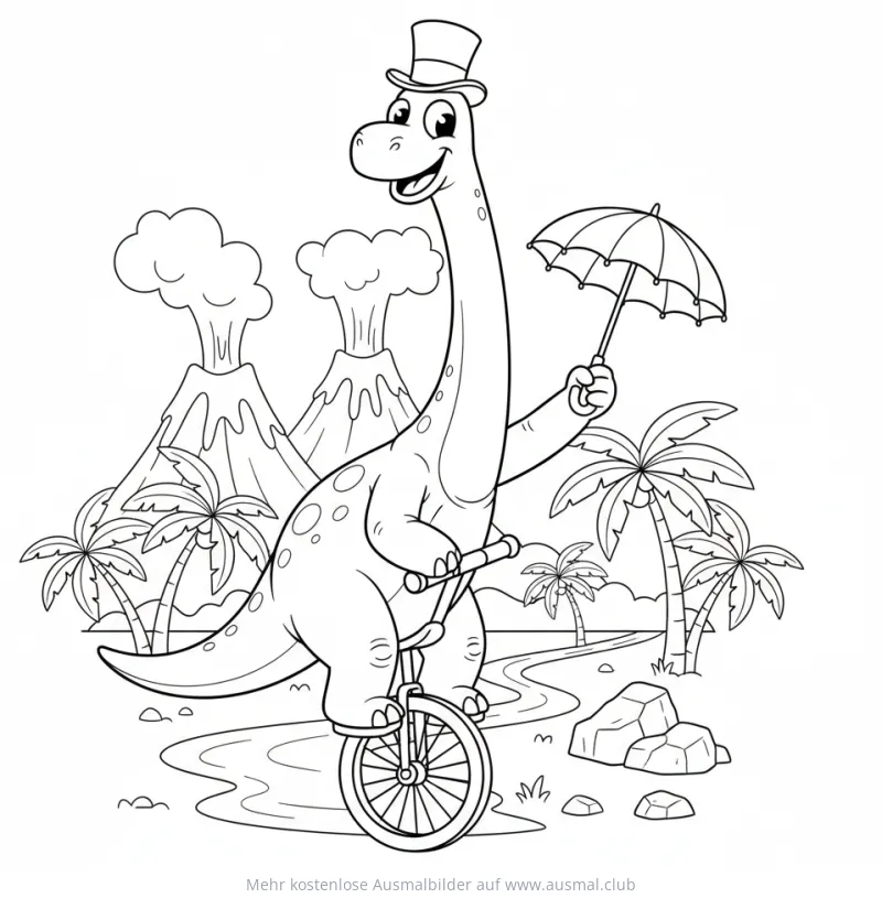 Dino mit Zylinder fährt Einrad Ausmalbild