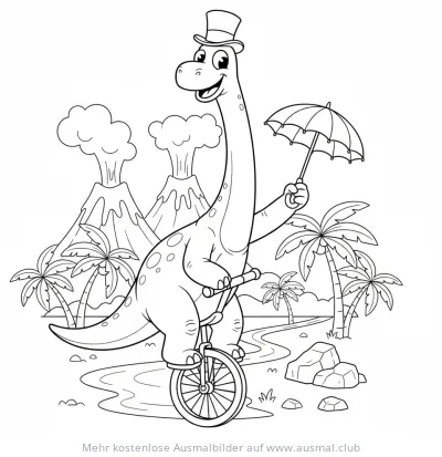 Dino mit Zylinder fährt Einrad Ausmalbild