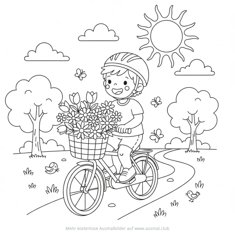 Junge fährt Fahrrad mit Blumenkorb Ausmalbild