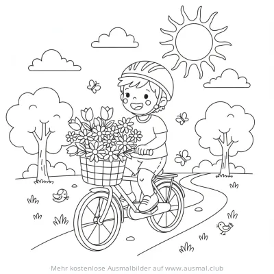 Junge fährt Fahrrad mit Blumenkorb Ausmalbild