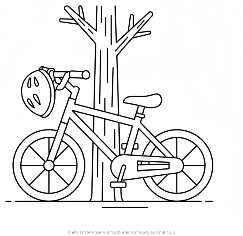 Fahrrad mit Helm und Baum Ausmalbild