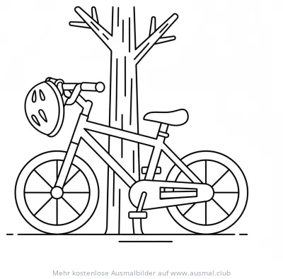 Fahrrad mit Helm und Baum Ausmalbild