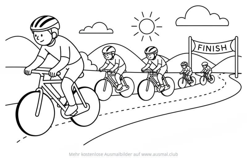 Radrennen Ausmalbild mit mehreren Fahrern auf der Zielgeraden