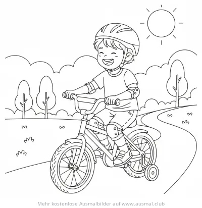 Junge lernt Fahrradfahren mit Helm und Schützern Ausmalbild