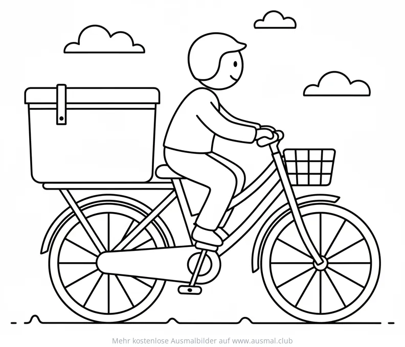 Lieferfahrrad Ausmalbild mit Fahrradkurier und Wolken
