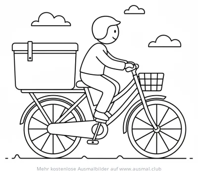 Lieferfahrrad Ausmalbild mit Fahrradkurier und Wolken