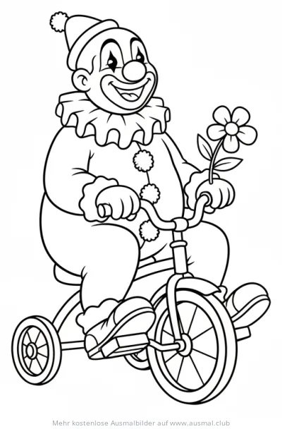 Clown auf Dreirad mit Blume Ausmalbild