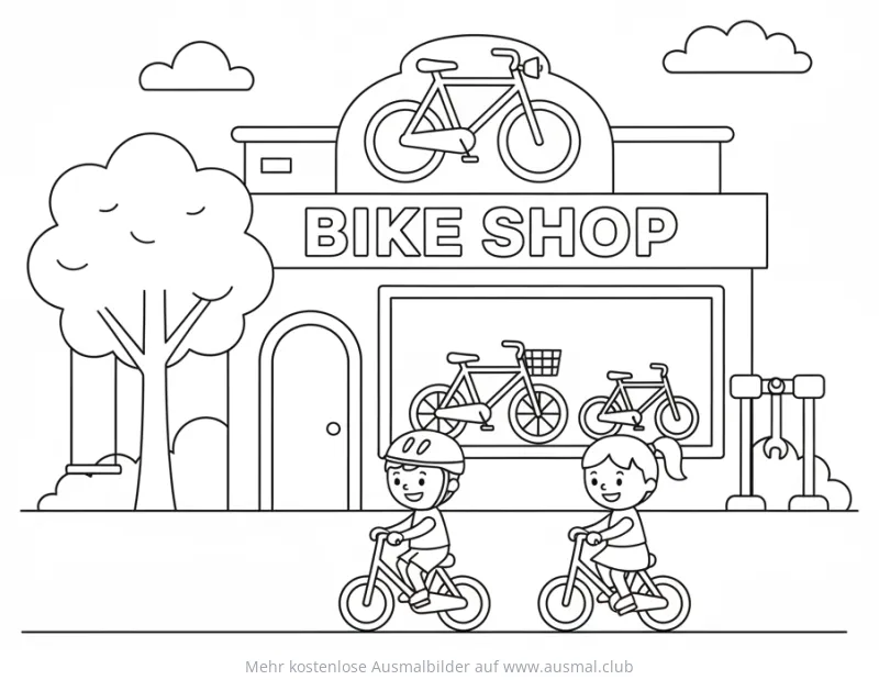 Fahrradladen mit Kindern auf Fahrrädern Ausmalbild