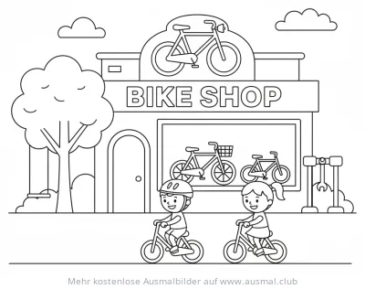 Fahrradladen mit Kindern auf Fahrrädern Ausmalbild