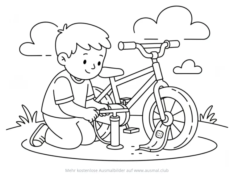 Junge pumpt Fahrradreifen auf Ausmalbild