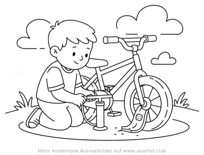 Junge pumpt Fahrradreifen auf Ausmalbild