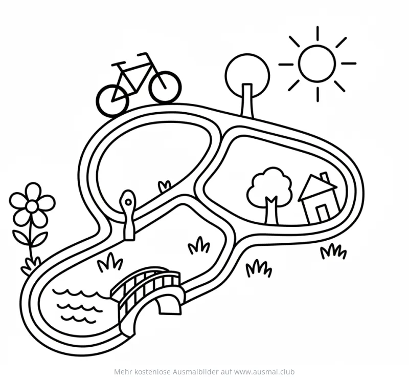 Radkarte Ausmalbild mit Fahrrad, Landschaft und Sonne