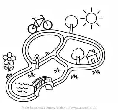 Radkarte Ausmalbild mit Fahrrad, Landschaft und Sonne