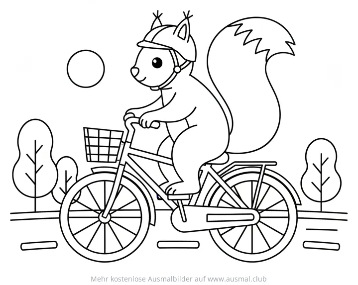 Eichhörnchen mit Helm fährt Fahrrad Ausmalbild