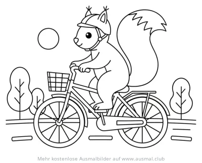 Eichhörnchen mit Helm fährt Fahrrad Ausmalbild