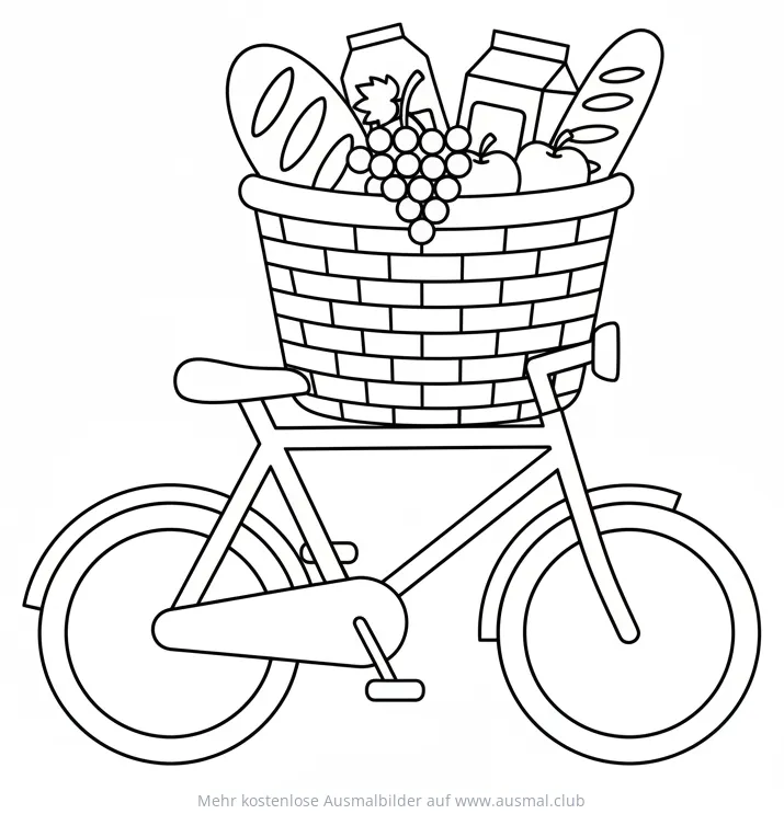 Fahrradkorb mit Brot, Milch, Trauben und Apfel Ausmalbild
