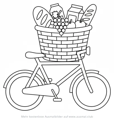 Fahrradkorb mit Brot, Milch, Trauben und Apfel Ausmalbild