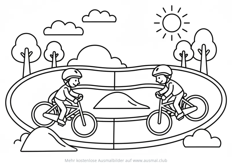 Radrennbahn Ausmalbild mit zwei Kindern auf Fahrrädern