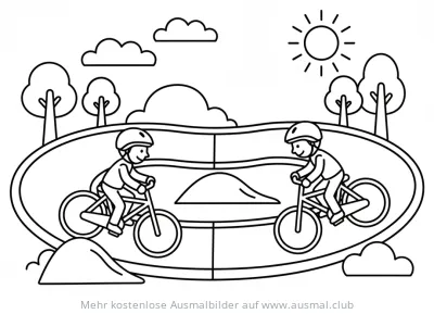 Radrennbahn Ausmalbild mit zwei Kindern auf Fahrrädern