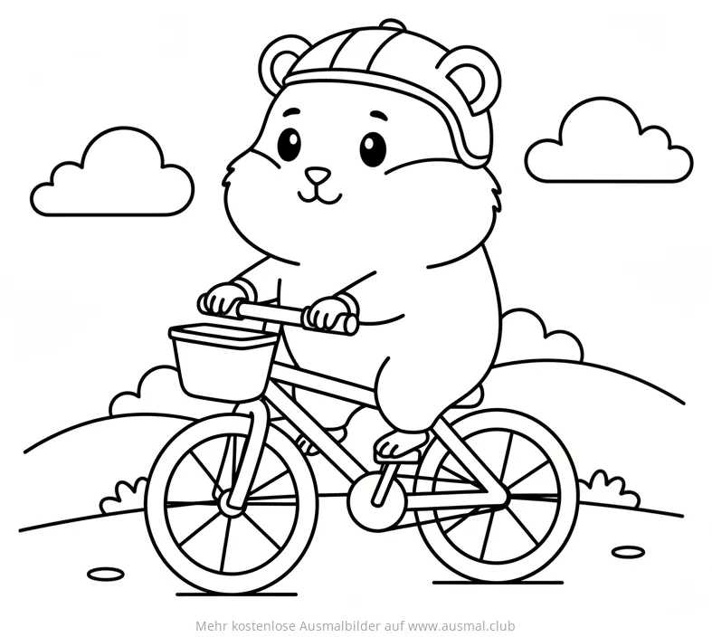 Hamster mit Helm auf Fahrrad Ausmalbild
