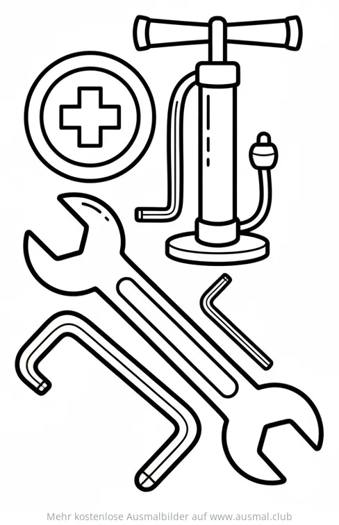 Fahrrad Werkzeug Ausmalbild: Luftpumpe, Schraubenschlüssel, Inbusschlüssel