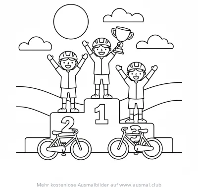 Podium mit Radfahrern und Fahrrädern Ausmalbild