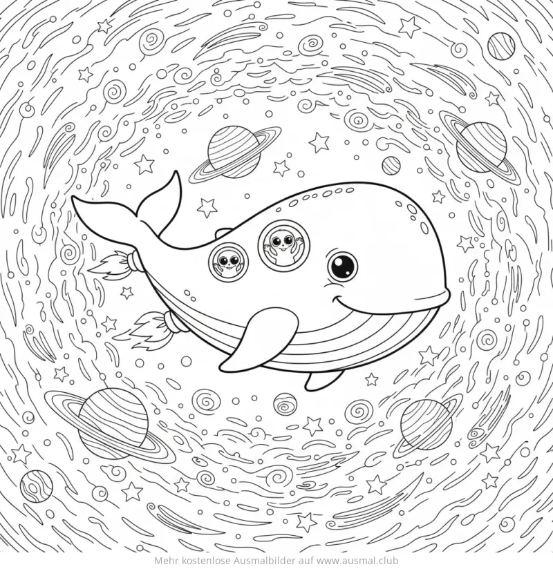Weltraumwal mit Astronauten im Raumschiff Ausmalbild