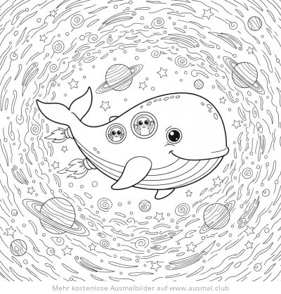 Weltraumwal mit Astronauten im Raumschiff Ausmalbild