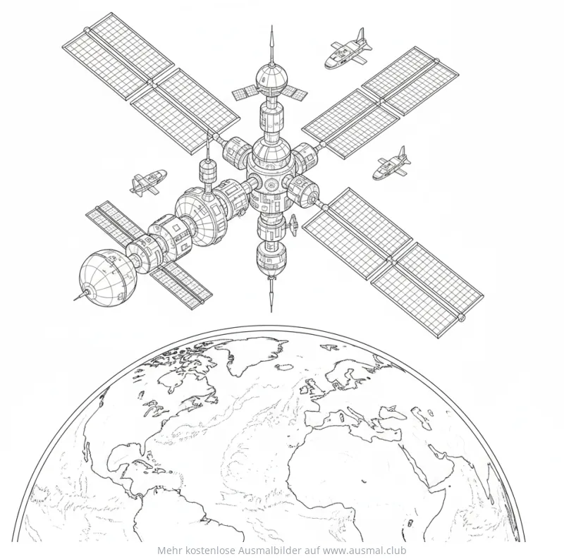 Raumstation mit Raumschiffen über der Erde Ausmalbild