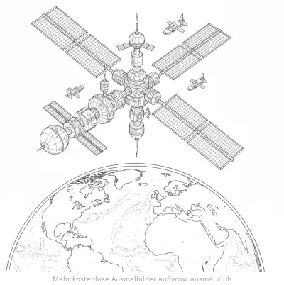 Raumstation mit Raumschiffen über der Erde Ausmalbild