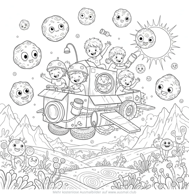 Kinderrakete aus Kartons mit Kindern im Weltall Ausmalbild